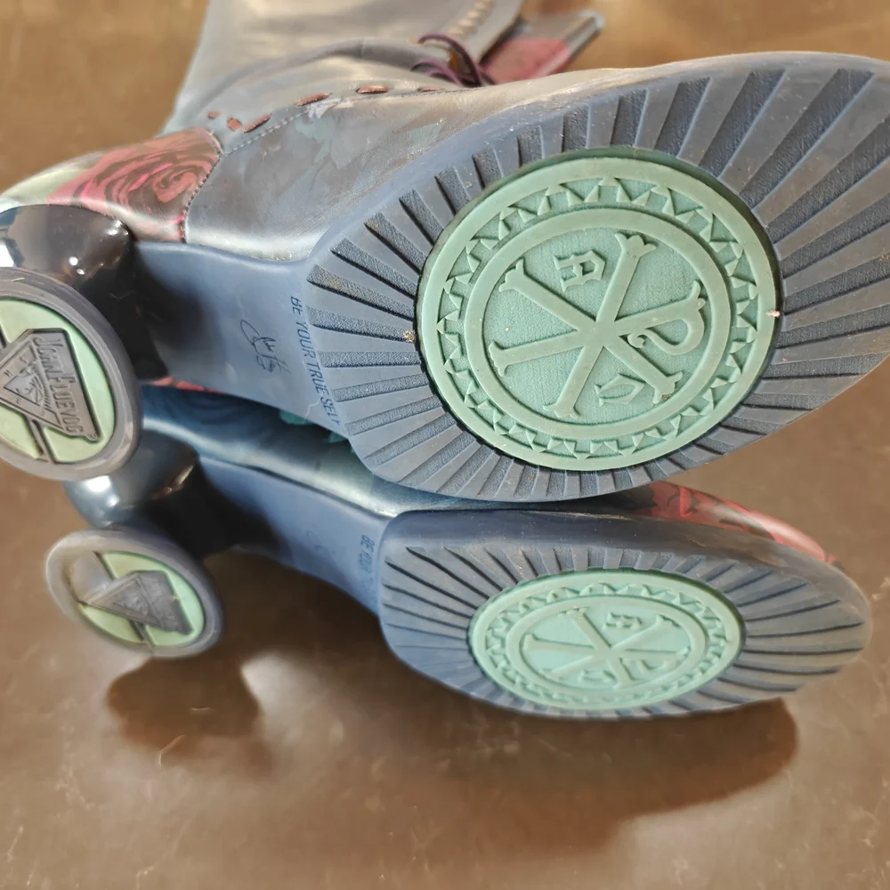 John Fluevog "Optimist" Teal and Floral Lace Up Boots - Picture 5 of 8